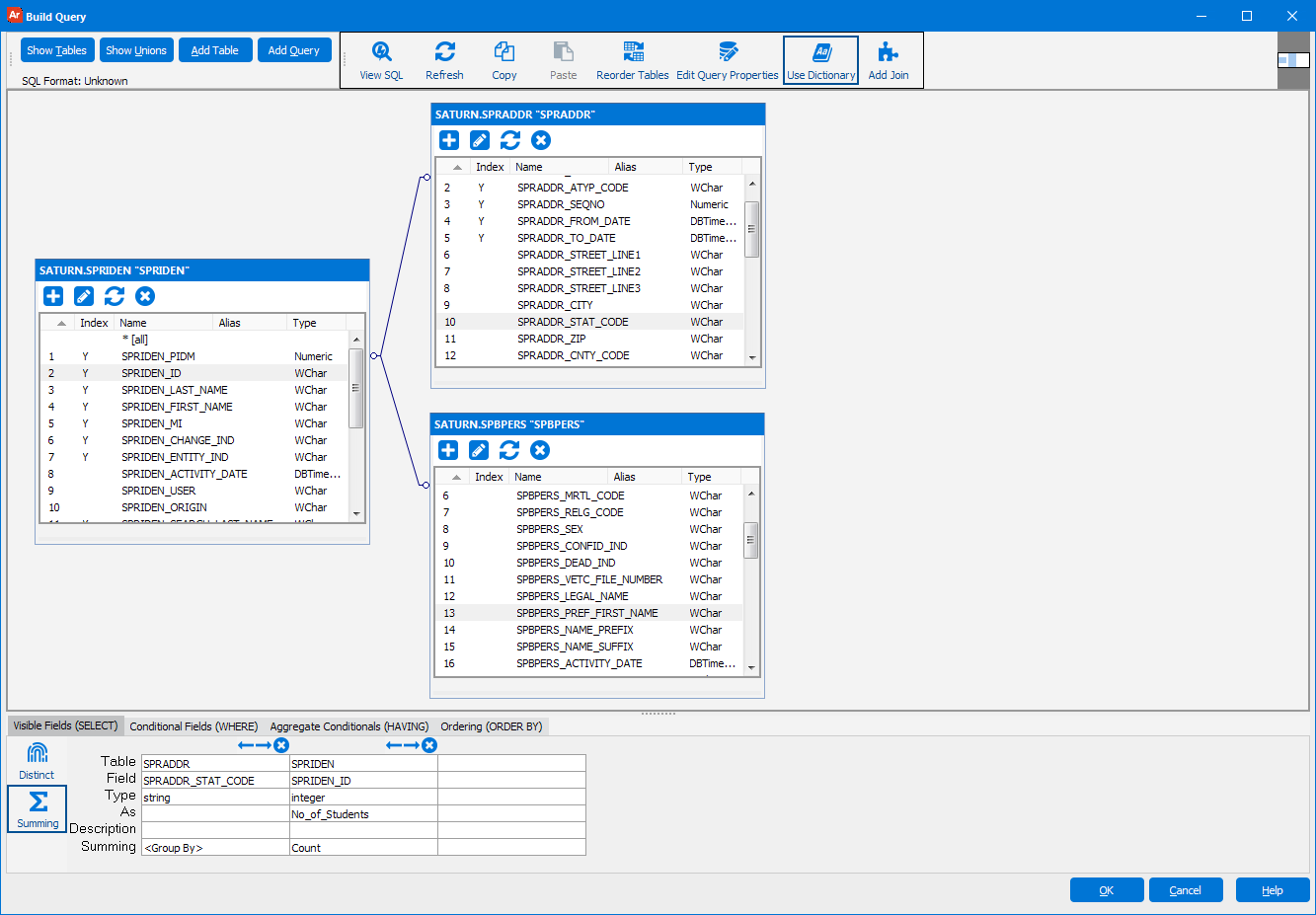 This image is the Visual Query Builder which allows you to create queries using visual tools. Options exist to show tables, show unions, add tables, and create sub queries.  Options also exist to visually create SELECT, WHERE, HAVING, and ORDER BY statements.